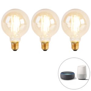 Sada 3 inteligentných žiaroviek E27 Dim to Warm LED G95 Goldline 7W 806lm 1800K - 3000K