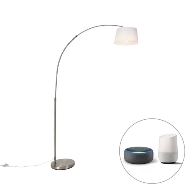 Inteligentná oblúková lampa oceľ s bielym textilným tienidlom vrátane WiFi A60 - Arc Basic