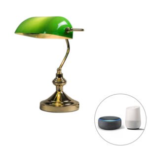 Inteligentná stolná lampa mosadz s zeleným sklom vrátane Wifi P45 - Banker