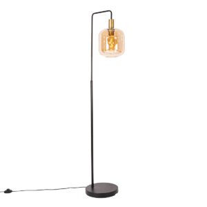 Inteligentná stojaca lampa čierna s mosadzou a jantárovým sklom vrátane WiFi G95 - Zuzanna