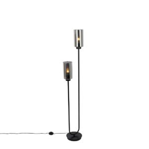 Art Deco stojaca lampa čierna s dymovým sklom 2-svetlo - Laura