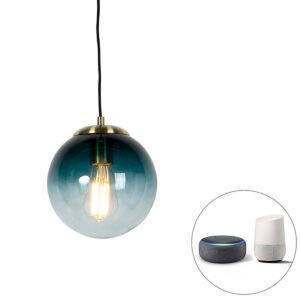 Inteligentné závesné svietidlo mosadz s oceánskym modrým sklom 20 cm vrátane Wifi ST64 - Pallon