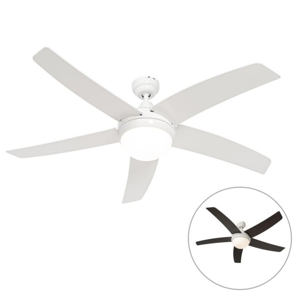 Inteligentný stropný ventilátor biely s drevenou potlačou 132 cm vrátane LED stmievateľného s diaľkovým ovládaním - Cool