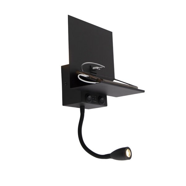 Moderná nástenná lampa čierna s USB a flexibilným ramenom - Flero