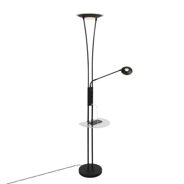 Stojaca lampa čierna s čítacím ramenom vrátane LED a USB portu - Sevilla